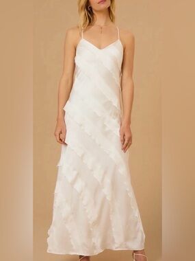 Altar'd State Ivory Satin Dress with Diagonal Cascading Ruffles